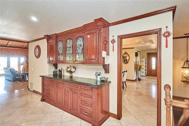 2036 S Buenos Aires Dr, Covina, CA 91724 - bar featuring light tile patterned floors, baseboards, crown molding, a textured ceiling, and recessed lighting
