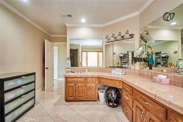 2036 S Buenos Aires Dr, Covina, CA 91724 - full bathroom featuring crown molding, vanity, tile patterned floors, and baseboards