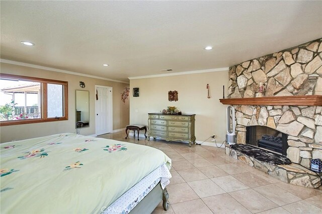 2036 S Buenos Aires Dr, Covina, CA 91724 - bedroom featuring baseboards, light tile patterned floors, a stone fireplace, recessed lighting, and crown molding