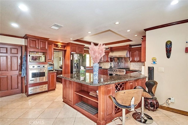 2036 S Buenos Aires Dr, Covina, CA 91724 - kitchen featuring appliances with stainless steel finishes, open shelves, a warming drawer, a peninsula, and ornamental molding