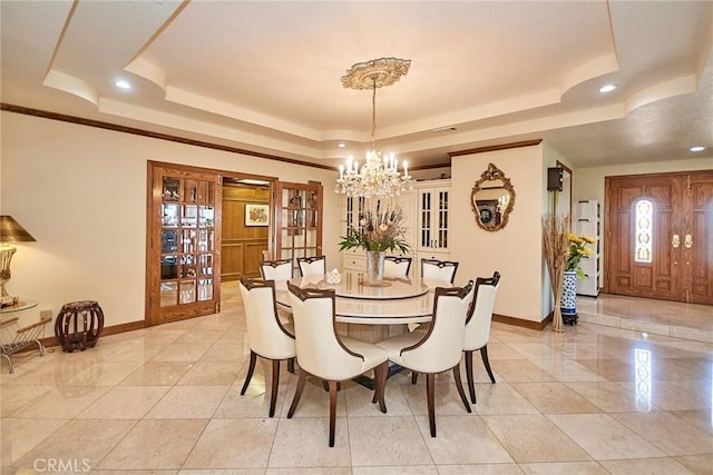 2036 S Buenos Aires Dr, Covina, CA 91724 - dining area with a tray ceiling, baseboards, recessed lighting, a chandelier, and crown molding