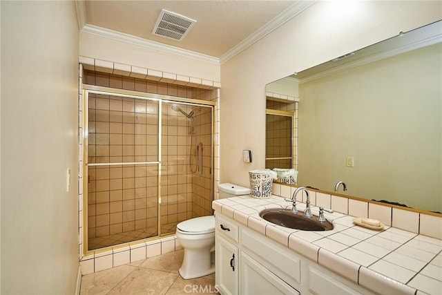 2036 S Buenos Aires Dr, Covina, CA 91724 - bathroom featuring toilet, ornamental molding, a shower stall, vanity, and tile patterned flooring