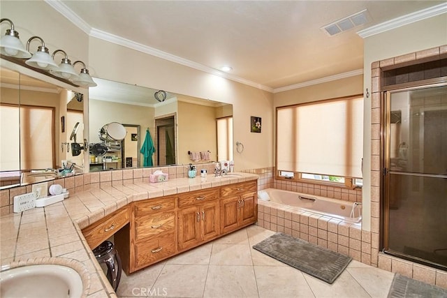 2036 S Buenos Aires Dr, Covina, CA 91724 - bathroom with double vanity, a bath, ornamental molding, a shower stall, and tile patterned floors