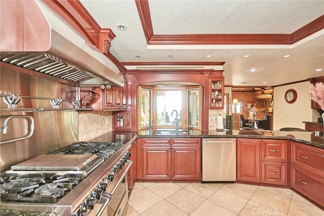 2036 S Buenos Aires Dr, Covina, CA 91724 - kitchen with crown molding, ventilation hood, stainless steel appliances, tasteful backsplash, and a sink