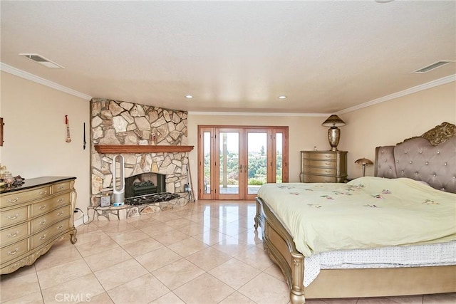 2036 S Buenos Aires Dr, Covina, CA 91724 - bedroom with access to exterior, light tile patterned floors, ornamental molding, and a stone fireplace