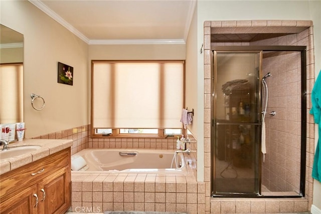 2036 S Buenos Aires Dr, Covina, CA 91724 - bathroom featuring vanity, a shower stall, crown molding, and a bath