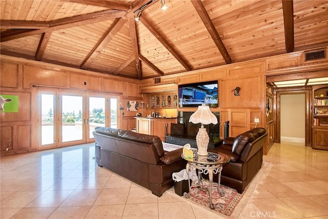 2036 S Buenos Aires Dr, Covina, CA 91724 - living area featuring wooden ceiling with exposed beams, french doors, light tile patterned floors, high vaulted ceiling, and wooden walls
