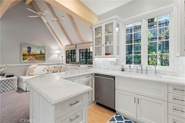 27625 High Knoll Rd, Lake Arrowhead, CA 92352 - kitchen featuring dishwasher, glass insert cabinets, white cabinets, a peninsula, and a wainscoted wall