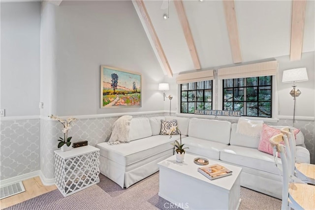 27625 High Knoll Rd, Lake Arrowhead, CA 92352 - living area with beam ceiling, wainscoting, high vaulted ceiling, and wood finished floors