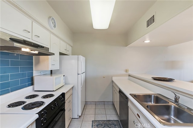 277 E Alejo Rd Unit 212, Palm Springs, CA 92262 - kitchen featuring white appliances, under cabinet range hood, a sink, white cabinetry, and light tile patterned floors