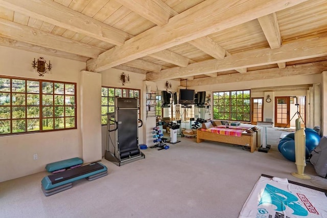 4652 Resmar Rd, La Mesa, CA 91941 - workout area with wooden ceiling, carpet floors, and healthy amount of natural light