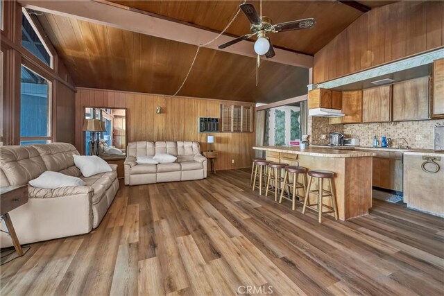11970 N Dr, Clearlake, CA 95422 - living room with lofted ceiling, wooden ceiling, ceiling fan, wood walls, and wood finished floors