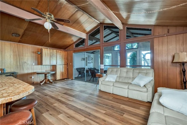 11970 N Dr, Clearlake, CA 95422 - living area featuring wooden ceiling, wooden walls, ceiling fan, and wood finished floors
