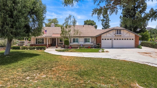 17477 Owl Tree Rd, Riverside, CA 92504 - ranch-style house with a garage, a front yard, concrete driveway, and a chimney