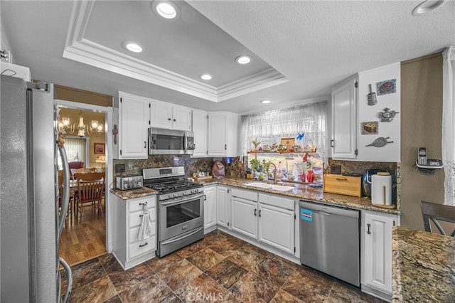 17477 Owl Tree Rd, Riverside, CA 92504 - kitchen with stainless steel appliances, a sink, a tray ceiling, decorative backsplash, and recessed lighting