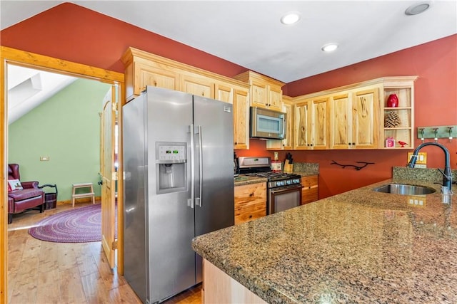 118 E Ln, Lake Arrowhead, CA 92352 - kitchen featuring appliances with stainless steel finishes, light wood-type flooring, light brown cabinetry, stone countertops, and recessed lighting