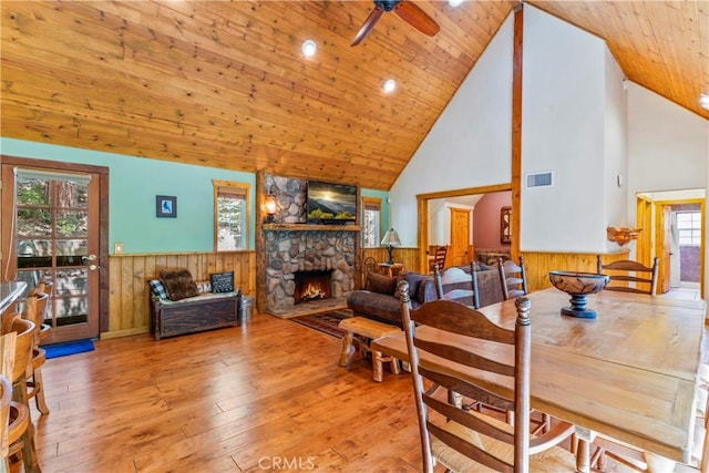 118 E Ln, Lake Arrowhead, CA 92352 - dining space featuring wainscoting, ceiling fan, a fireplace, hardwood / wood-style flooring, and wood ceiling