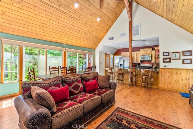 118 E Ln, Lake Arrowhead, CA 92352 - living area with high vaulted ceiling, light wood-style flooring, plenty of natural light, wooden ceiling, and wainscoting