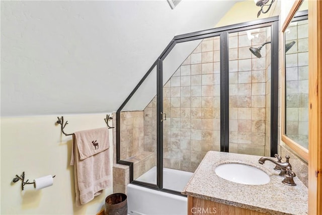 118 E Ln, Lake Arrowhead, CA 92352 - bathroom with vanity, lofted ceiling, and bath / shower combo with glass door