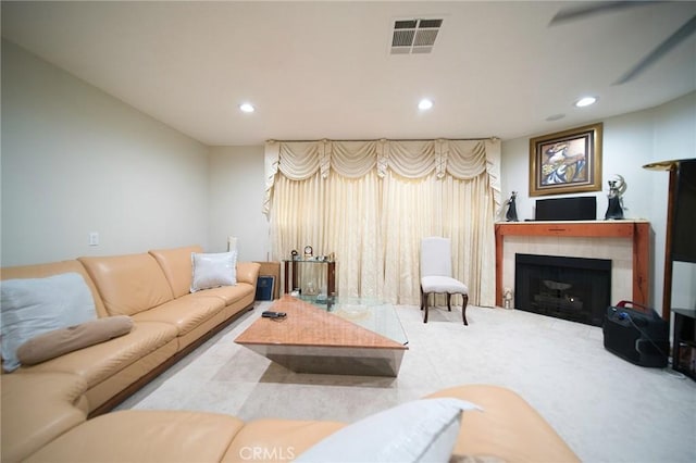 532 Venice Way Unit 8, Inglewood, CA 90302 - living room featuring a tile fireplace, recessed lighting, and carpet flooring