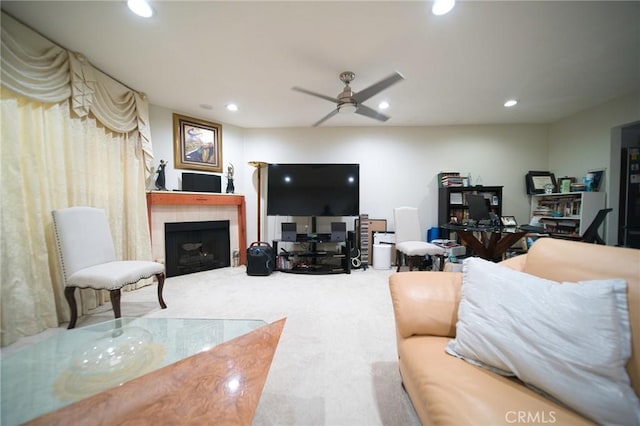 532 Venice Way Unit 8, Inglewood, CA 90302 - living area with carpet floors, recessed lighting, a ceiling fan, and a fireplace