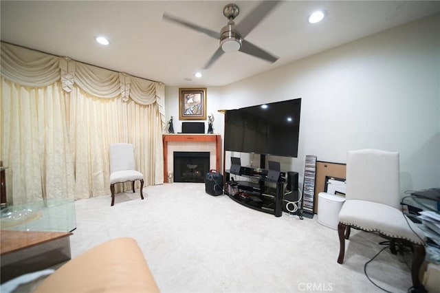 532 Venice Way Unit 8, Inglewood, CA 90302 - carpeted living area featuring ceiling fan, recessed lighting, and a tile fireplace