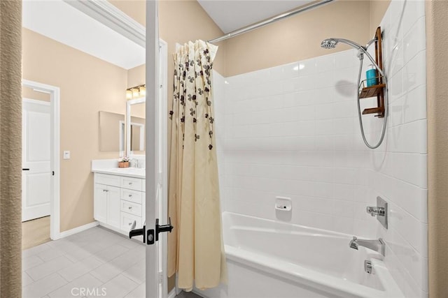 1252 N Lindley St, Azusa, CA 91702 - bathroom with shower / bath combination with curtain, tile patterned flooring, and vanity