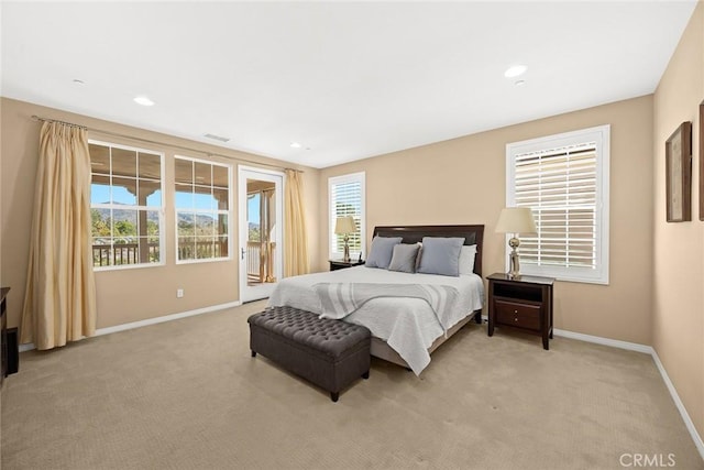 1252 N Lindley St, Azusa, CA 91702 - bedroom with baseboards, access to exterior, light carpet, and recessed lighting