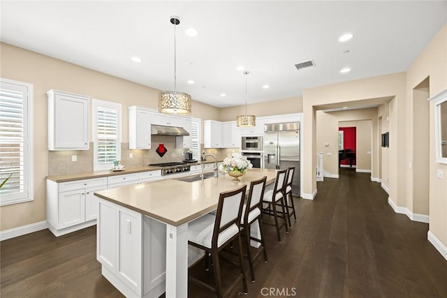 1252 N Lindley St, Azusa, CA 91702 - kitchen featuring a sink, stainless steel appliances, under cabinet range hood, white cabinets, and recessed lighting