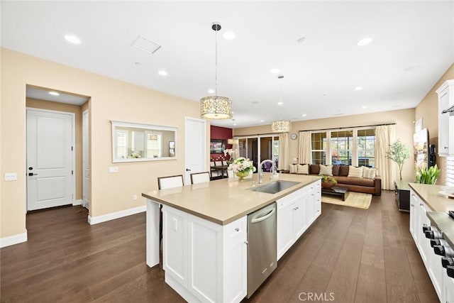 1252 N Lindley St, Azusa, CA 91702 - kitchen featuring a sink, dishwasher, dark wood-type flooring, white cabinetry, and recessed lighting