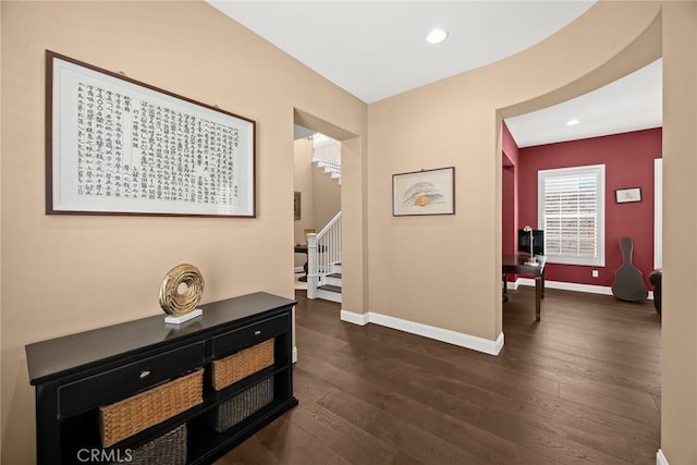 1252 N Lindley St, Azusa, CA 91702 - hall with stairway, dark wood finished floors, baseboards, and recessed lighting