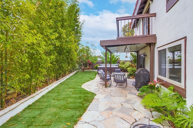 201 Todd Ct, Oceanside, CA 92054 - view of green lawn with a covered hot tub, a balcony, and a patio area
