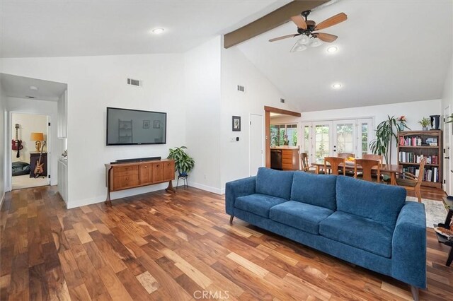 24214 Dalgo Dr, Valencia, CA 91355 - living room featuring a ceiling fan, beam ceiling, wood finished floors, baseboards, and high vaulted ceiling