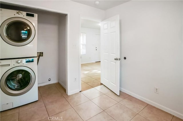3504 Minnesota Trl, Frazier Park, CA 93225 - washroom featuring stacked washer / dryer and light tile patterned floors