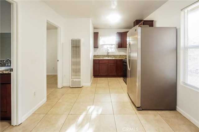 3504 Minnesota Trl, Frazier Park, CA 93225 - kitchen featuring freestanding refrigerator, a heating unit, a sink, and light tile patterned floors
