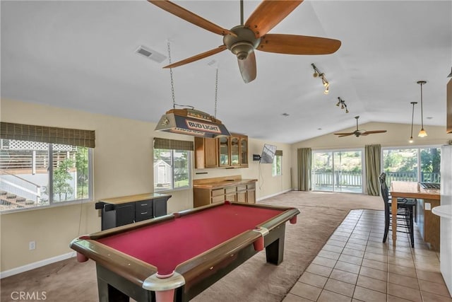 16410 Tish A Tang Rd, Lower Lake, CA 95457 - game room featuring ceiling fan, light carpet, lofted ceiling, rail lighting, and pool table