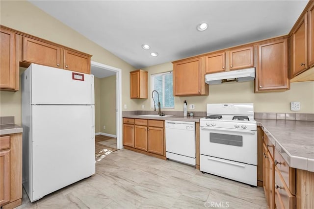 16410 Tish A Tang Rd, Lower Lake, CA 95457 - kitchen featuring white appliances, under cabinet range hood, a sink, recessed lighting, and light countertops