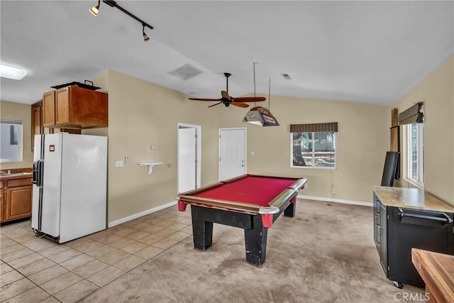 16410 Tish A Tang Rd, Lower Lake, CA 95457 - recreation room featuring billiards, baseboards, lofted ceiling, ceiling fan, and light tile patterned floors