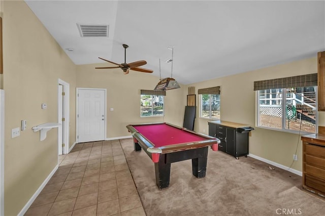 16410 Tish A Tang Rd, Lower Lake, CA 95457 - recreation room featuring pool table, a ceiling fan, baseboards, lofted ceiling, and light tile patterned floors