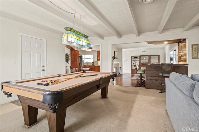 1418 S Sandsprings Dr, West Covina, CA 91790 - recreation room featuring light carpet, pool table, and beamed ceiling