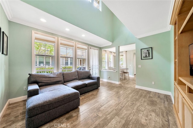 25 Ellsworth St Unit 11, Ladera Ranch, CA 92694 - living area with crown molding, plenty of natural light, baseboards, wood finished floors, and recessed lighting