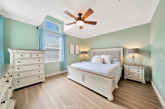 25 Ellsworth St Unit 11, Ladera Ranch, CA 92694 - bedroom featuring baseboards, light wood finished floors, crown molding, and a ceiling fan