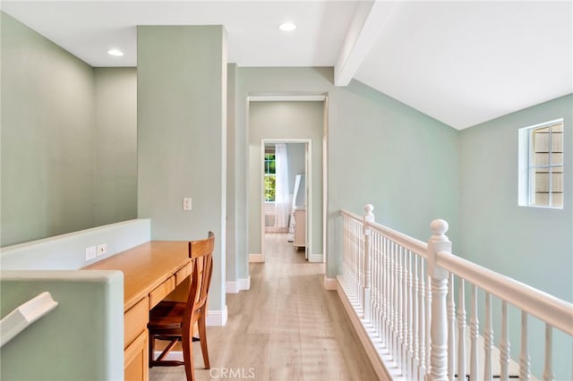 25 Ellsworth St Unit 11, Ladera Ranch, CA 92694 - hallway with light wood finished floors, an upstairs landing, baseboards, and recessed lighting
