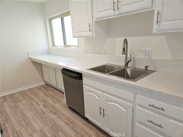 4734 Park Granada Unit 238, Calabasas, CA 91302 - kitchen featuring dishwasher, a sink, white cabinets, light wood-style flooring, and baseboards