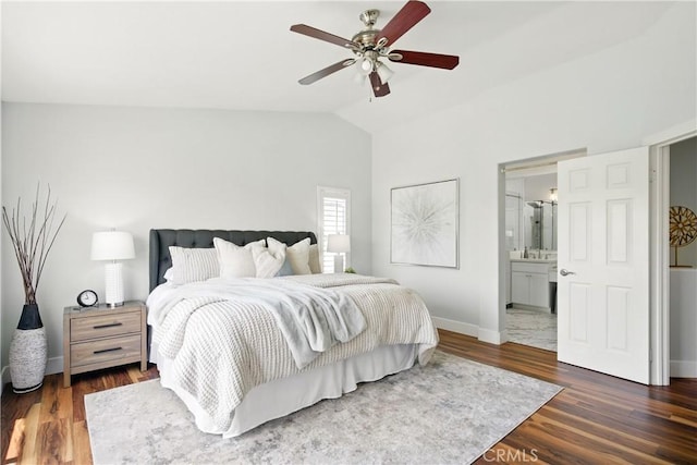27170 Arrow Point Trl, Corona, CA 92883 - bedroom with vaulted ceiling, baseboards, wood finished floors, ensuite bath, and a ceiling fan