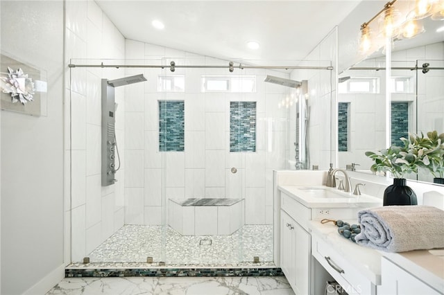 27170 Arrow Point Trl, Corona, CA 92883 - bathroom with marble look tiles, a shower stall, vanity, lofted ceiling, and recessed lighting