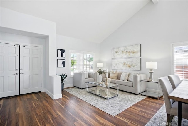 27170 Arrow Point Trl, Corona, CA 92883 - living room featuring high vaulted ceiling, dark wood-style floors, and baseboards