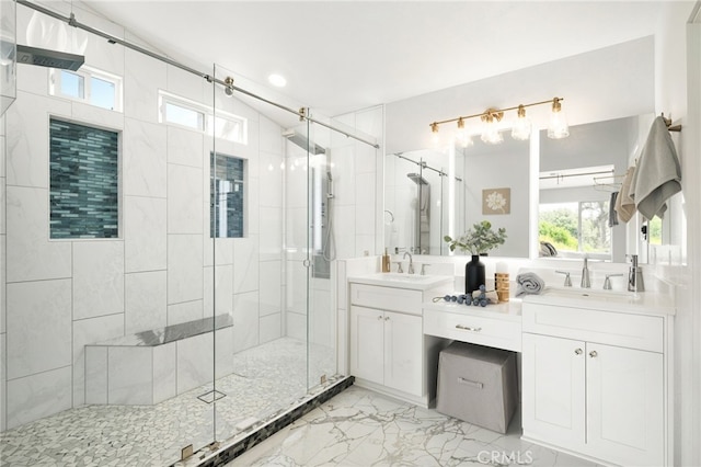27170 Arrow Point Trl, Corona, CA 92883 - full bathroom with a shower stall, double vanity, and marble finish floors