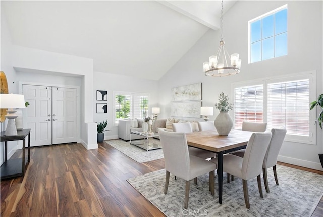 27170 Arrow Point Trl, Corona, CA 92883 - dining space with high vaulted ceiling, a chandelier, dark wood-type flooring, baseboards, and beamed ceiling