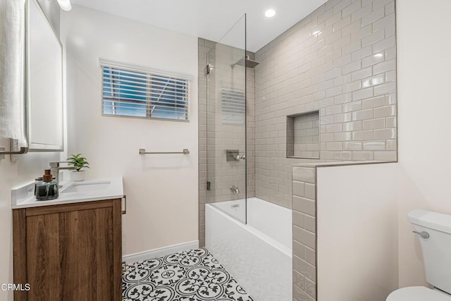 15233 Camarillo St, Sherman Oaks, CA 91403 - bathroom with toilet, vanity, baseboards, shower / tub combination, and tile patterned floors
